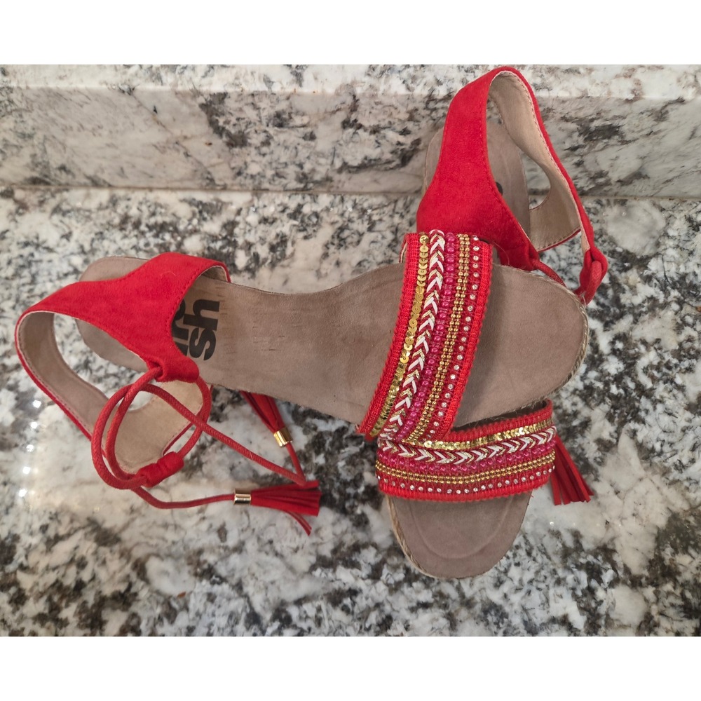 Refresh Red Boho Beaded Espadrille Wedge Sandals Ankle Tie Tassel 40 EU 9.5 US - Picture 3 of 13
